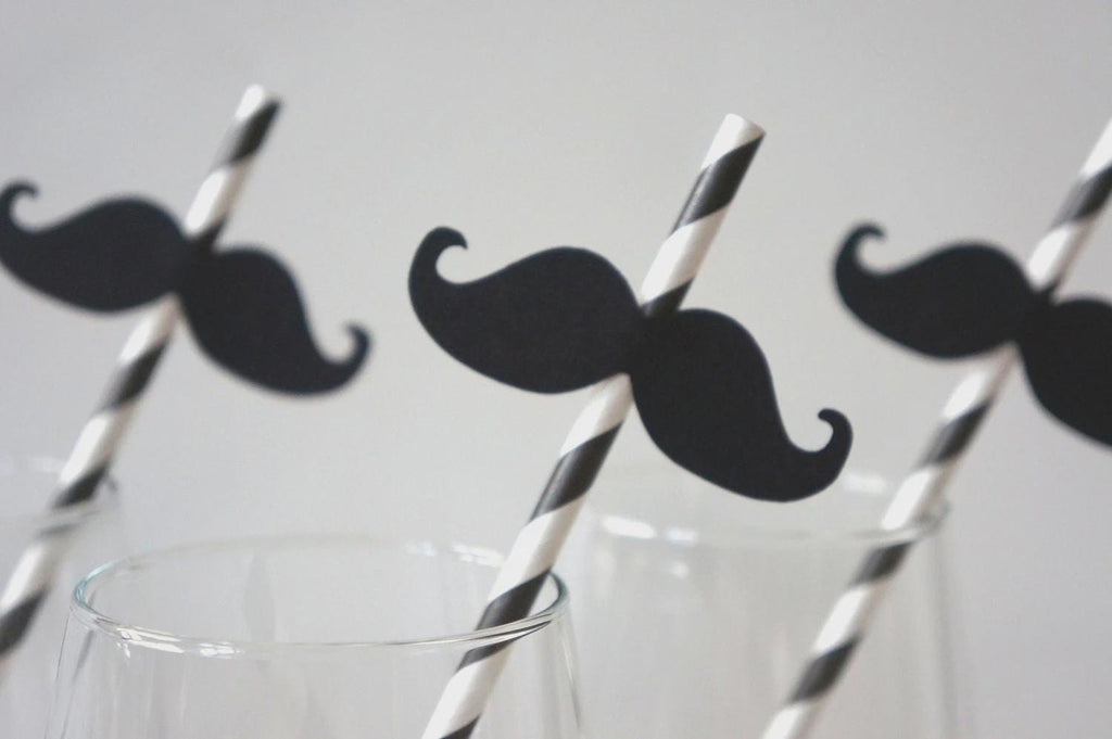 Black Striped Mustache Straws - Party Photo Booth Props, Set of 10