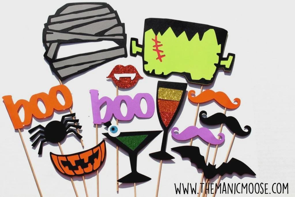 Halloween Photo Booth Props - 13 Piece Glitter Party Set