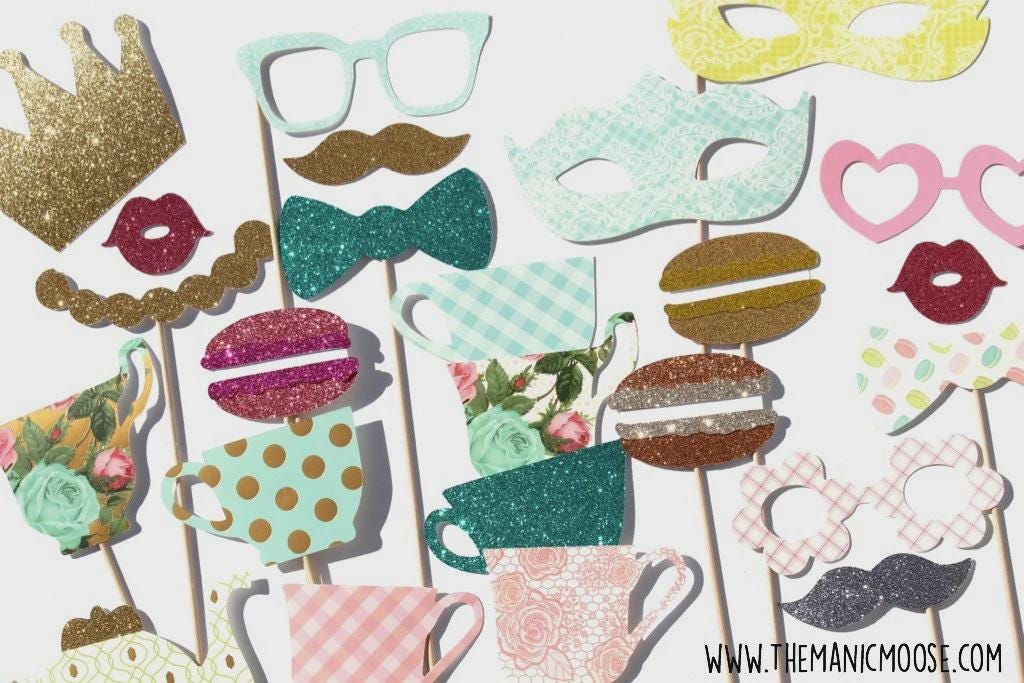 Garden Tea Party Photo Booth Props: Glitter Crowns, Teacups, Macarons - Set of 21