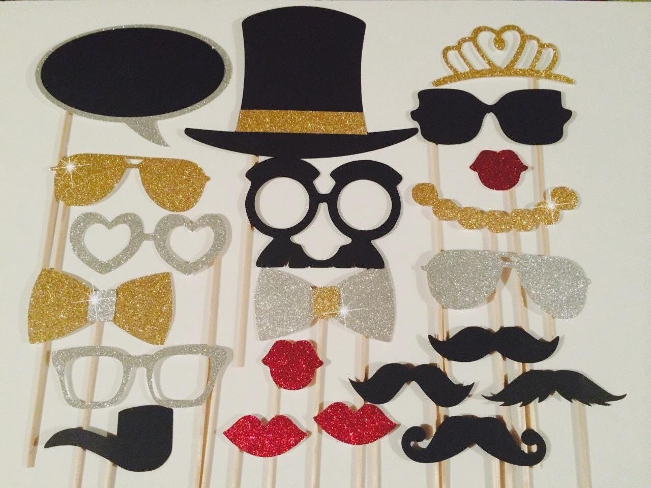 Glitter Photo Booth Props, Silver and Gold Party Decorations, 21 Piece Set