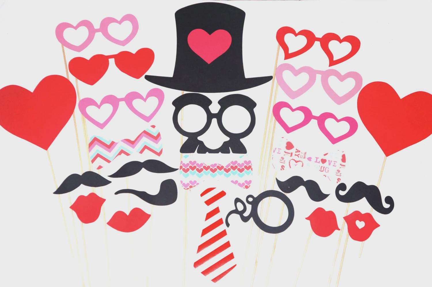 Valentine's Day Photo Booth Props - Hearts, Mustaches, Bow Ties - 24 Piece Set