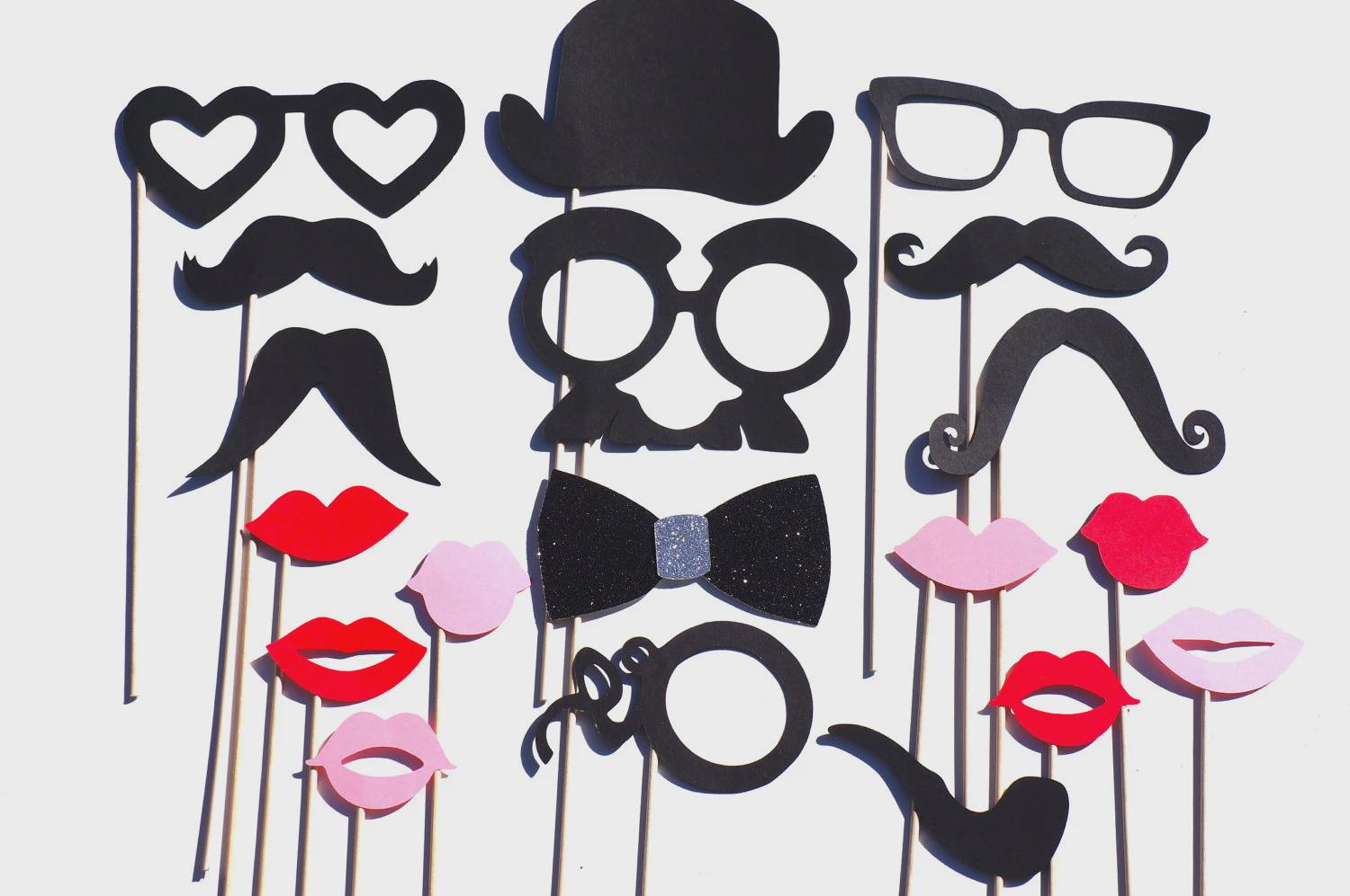 Photo Booth Props - 19 Piece Set with Glitter Bow Tie