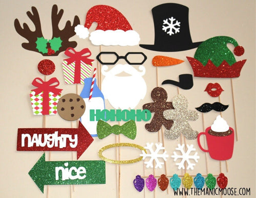 Christmas Glitter Photo Booth Props – Santa & Friends, 26-Piece Set