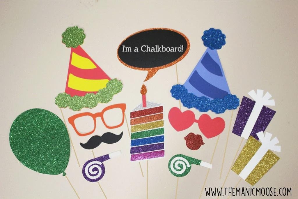 Birthday Party Photo Booth Props ~ 13 piece set ~ Rainbow ~ Glitter ~ You Choose Balloon Number