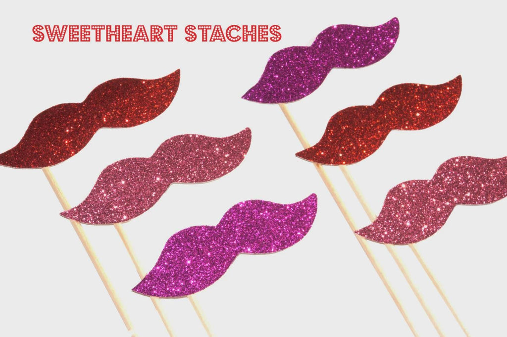 Glitter Mustache Photo Booth Props - Sweetheart Staches, Set of 6