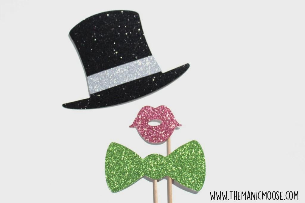 Glitter Photo Booth Props - Top Hat, Lips, Bow Tie - Party Decorations