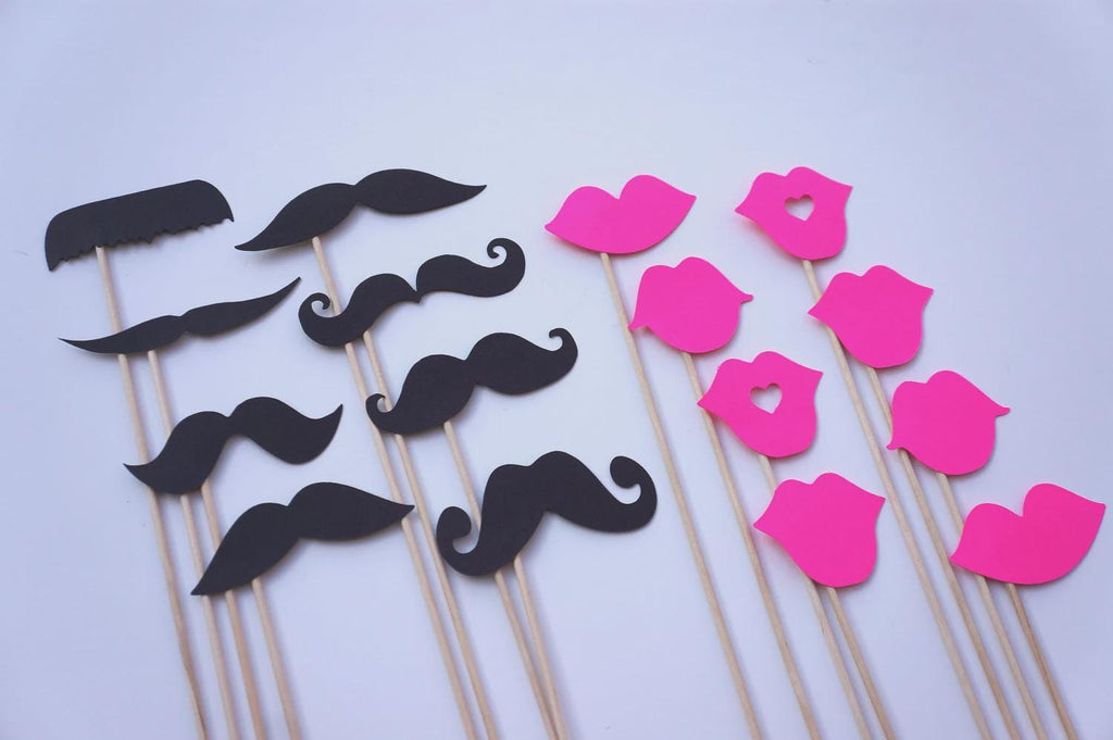 Mustache and Neon Pink Lips Photo Booth Props - Party Decorations, Set of 16