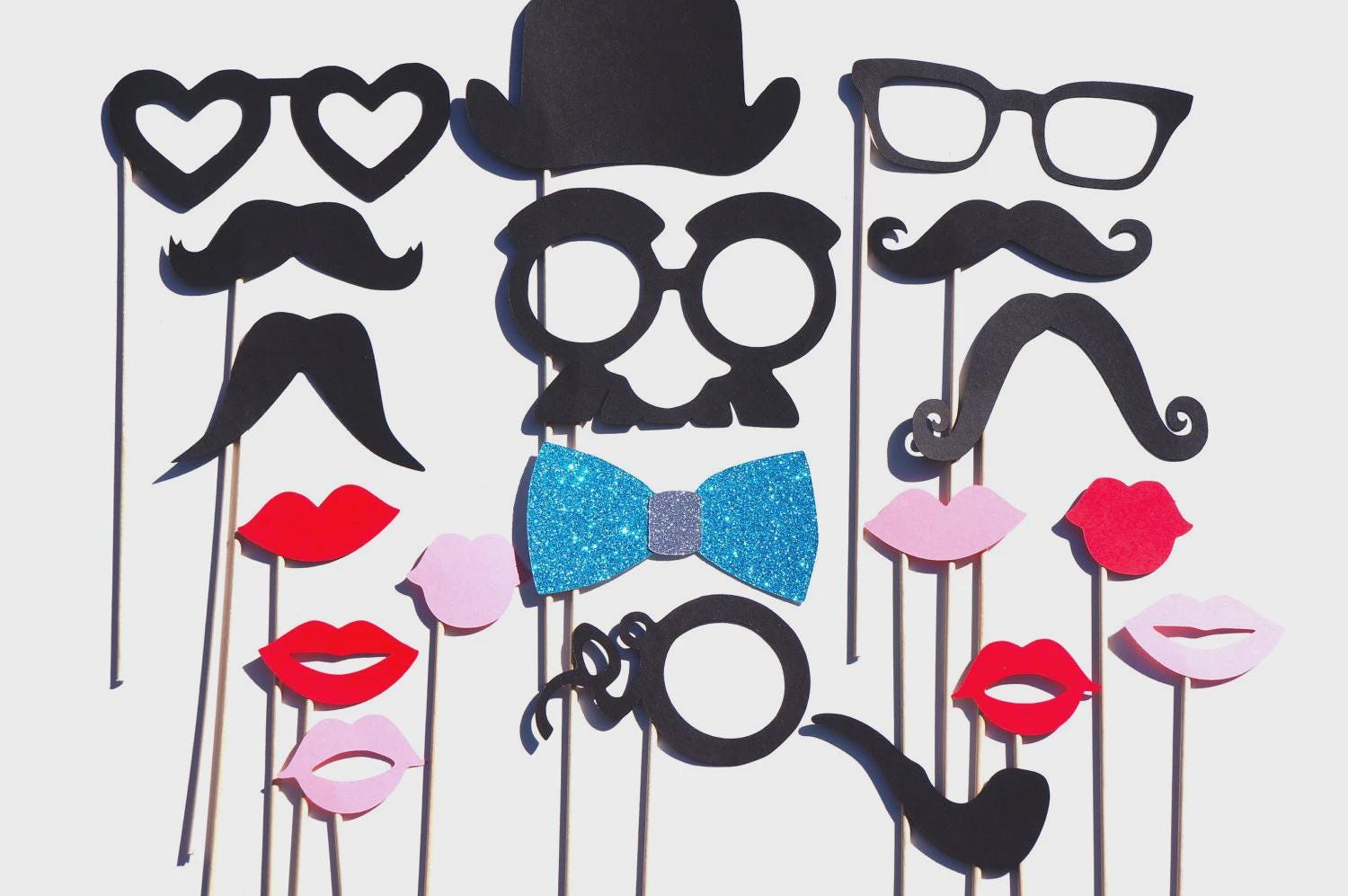 Photo Booth Props Set – Glitter Bow Tie, Mustaches, Lips - 19 Piece