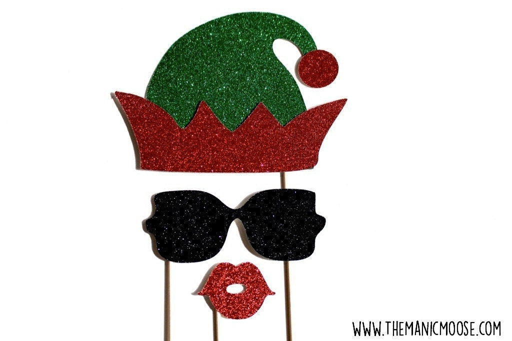 Glitter Christmas Elf Photo Booth Props: Hat, Shades, Lips - Set of 3