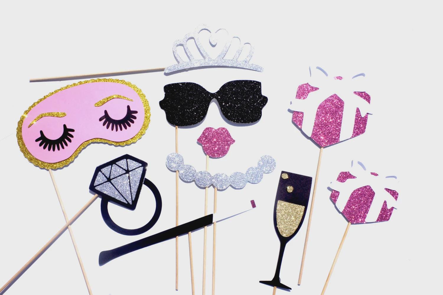 Glitter Photo Booth Props - Bridal Shower, Wedding, Party - 10 Piece Set