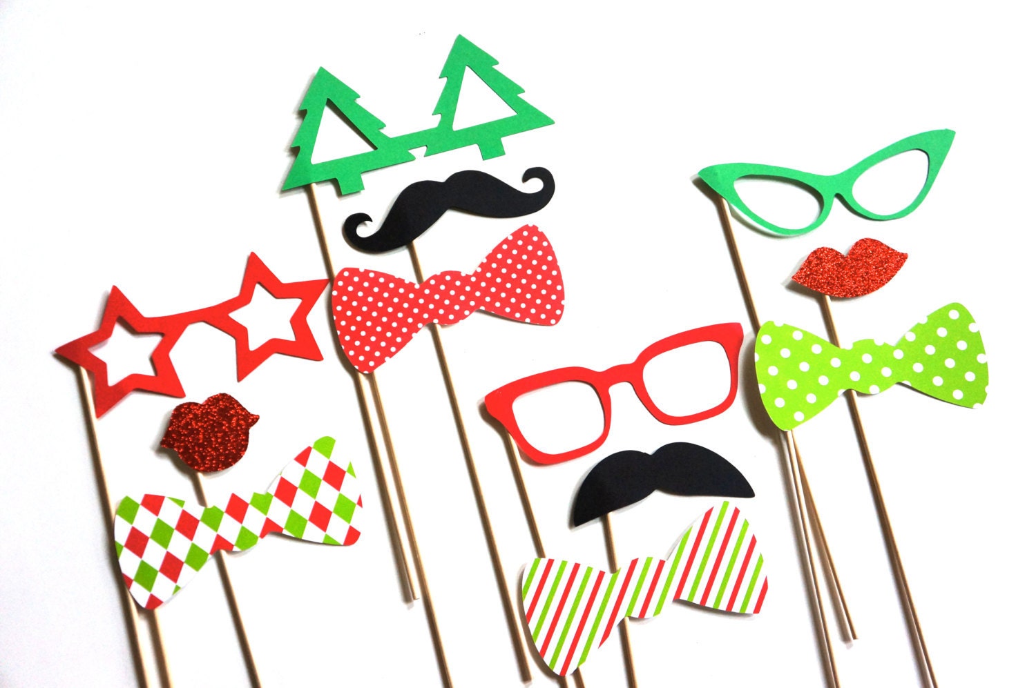 Christmas Photo Booth Props – Holiday Bow Ties, Glasses, Lips - Set of 12