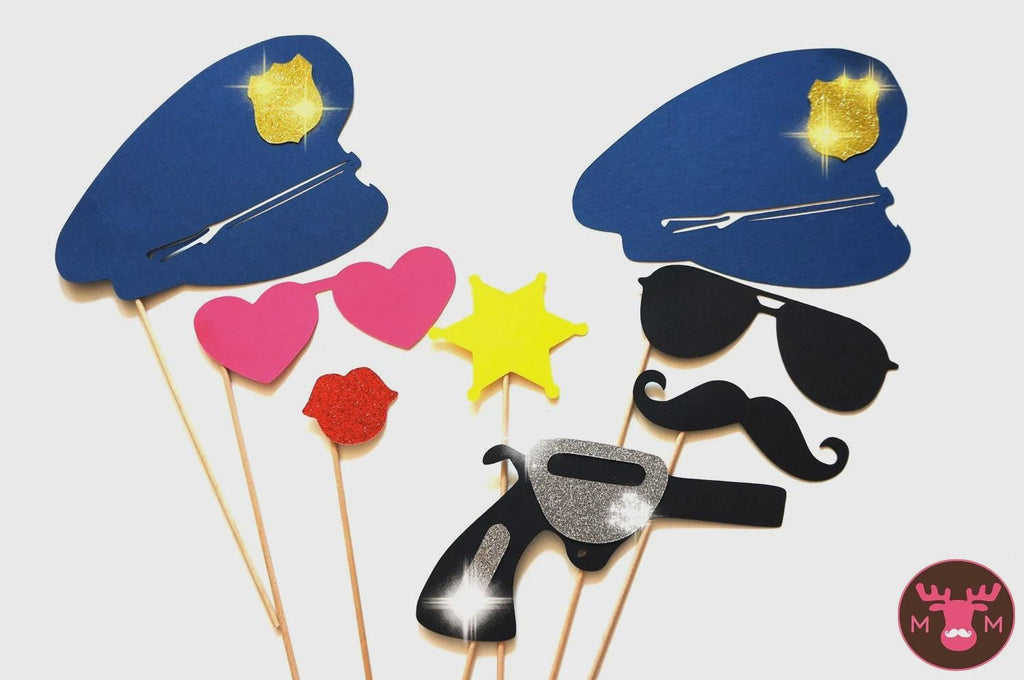 Glitter Police Officer Photo Booth Props - 8-Piece Party Set