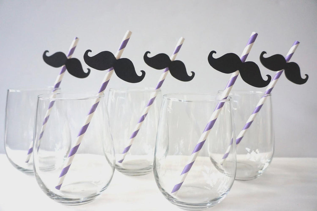 Purple Striped Mustache Straws - Party Photo Booth Props (Set of 10)