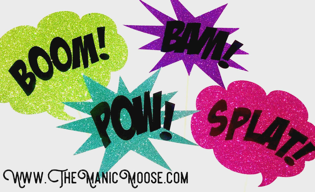 Glitter Comic Book Photo Booth Props - Bam, Pow, Splat, Boom - Set of 4