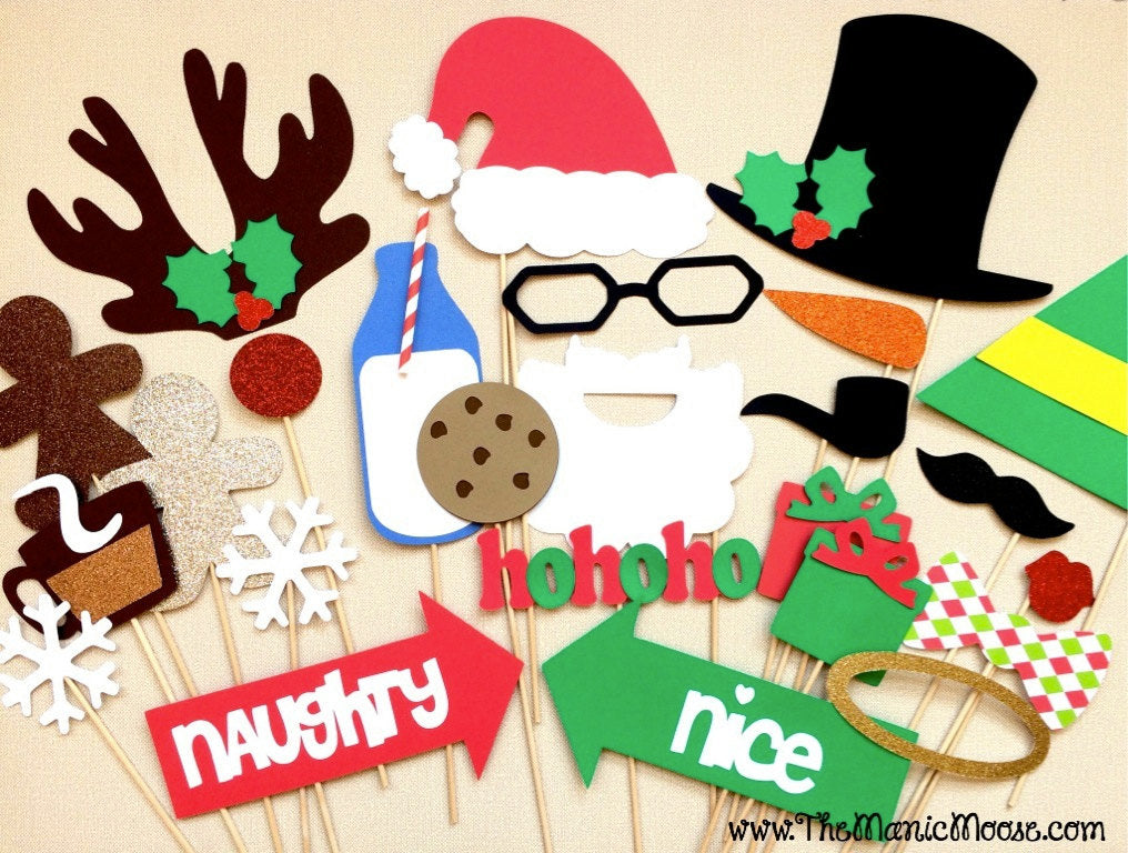 Christmas Photo Booth Props – 25-Piece Glitter Holiday Set