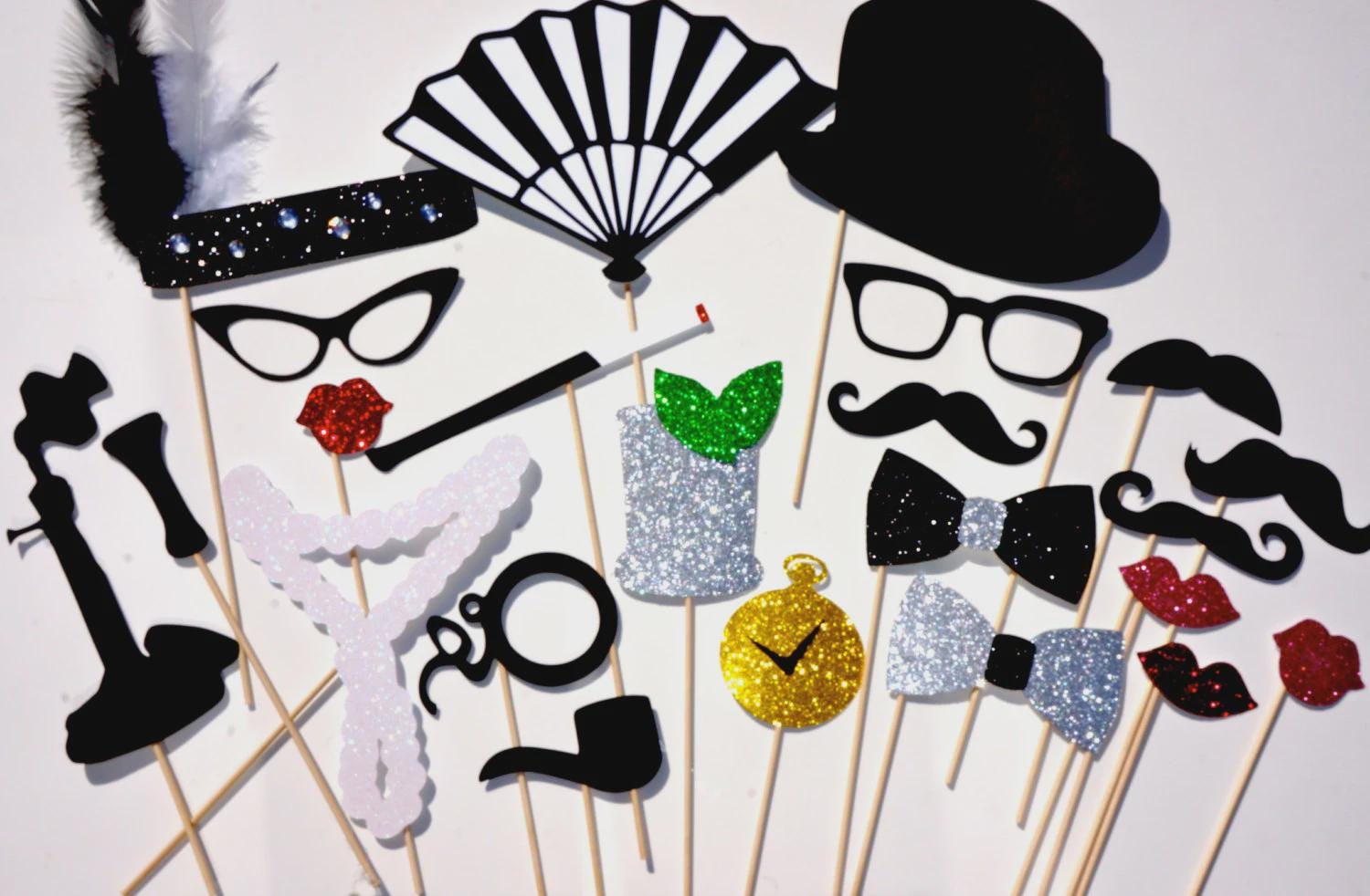 Gatsby Photo Booth Props - 1920s Roaring Twenties Set, Glitter & Feathers