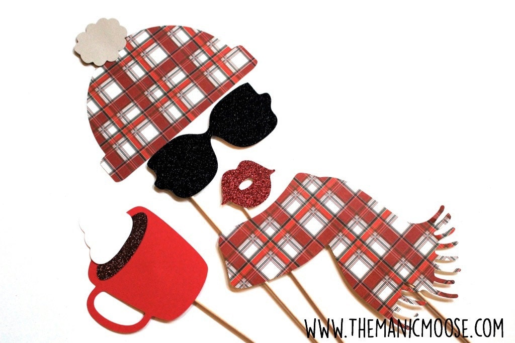 Winter Photo Booth Props: Plaid Scarf, Glitter Shades, Hot Cocoa - 5 Piece Set