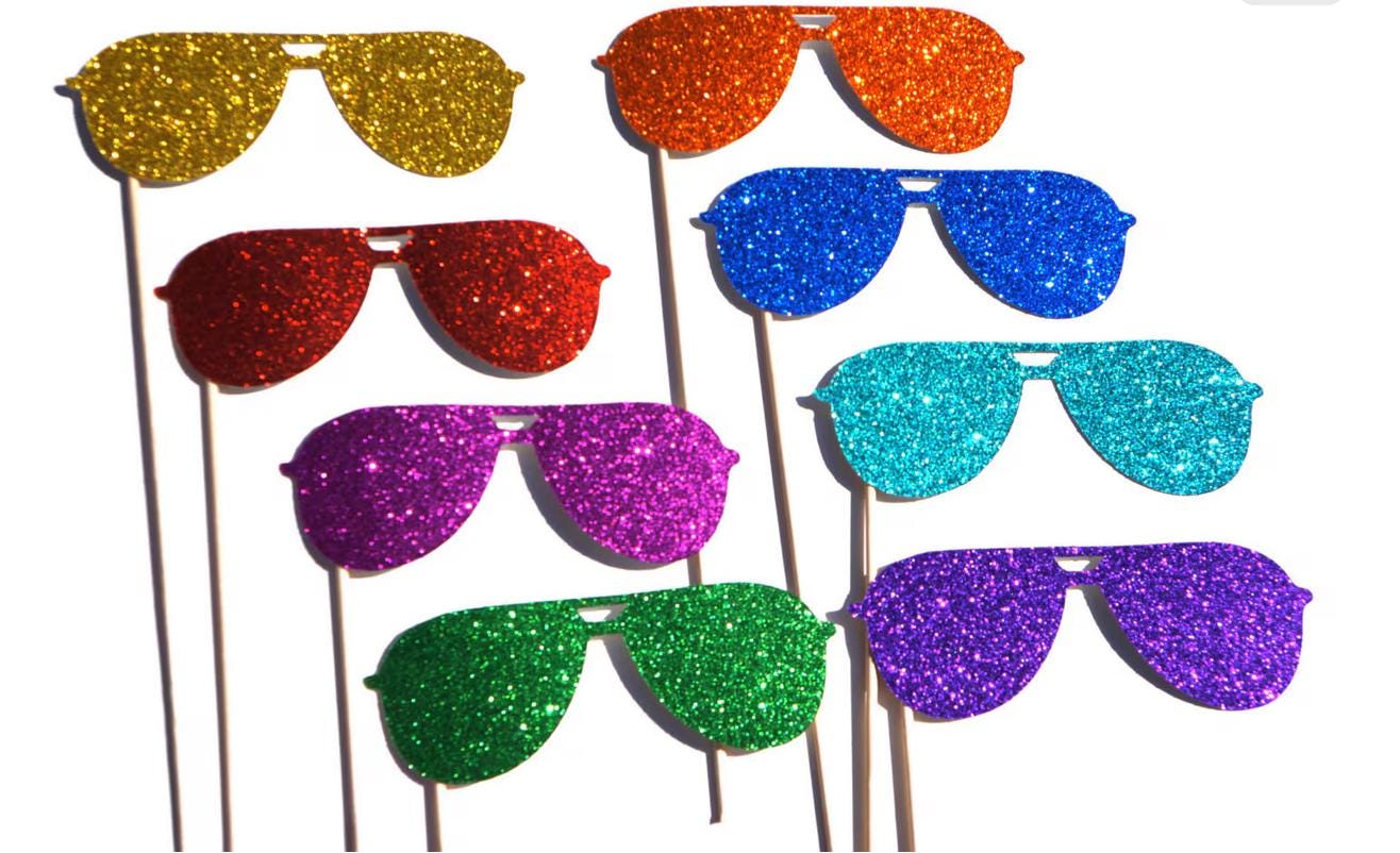 Photo Booth Props  - Sunglasses on a Stick - Set of 8 - Rainbow Glitter Sunglasses - Summer Fun