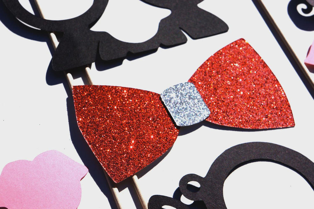 Photo Booth Props - Red Glitter Bow Tie, Mustaches, Lips - 19 Piece Set