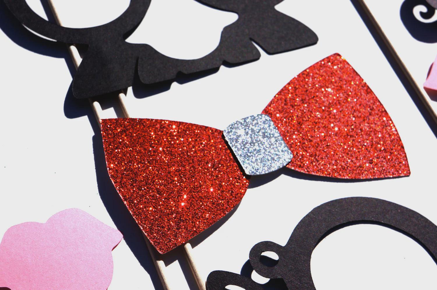 Photo Booth Props - Red Glitter Bow Tie, Mustaches, Lips - 19 Piece Set