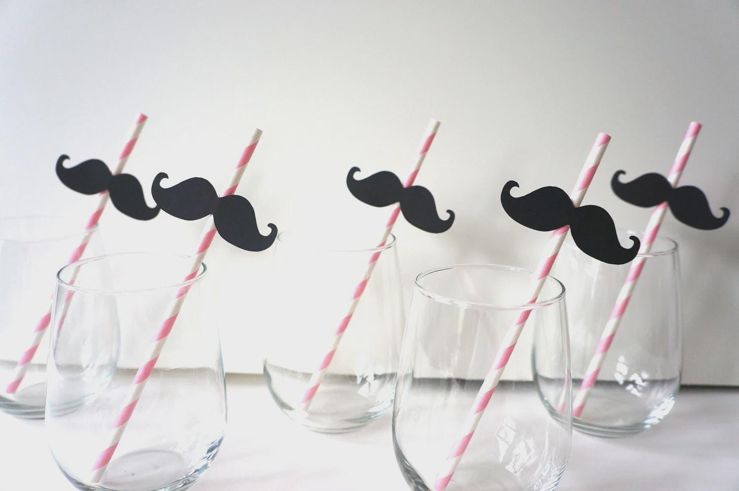 Baby Pink Striped Mustache Straws - Party Photo Booth Props (Set of 10)