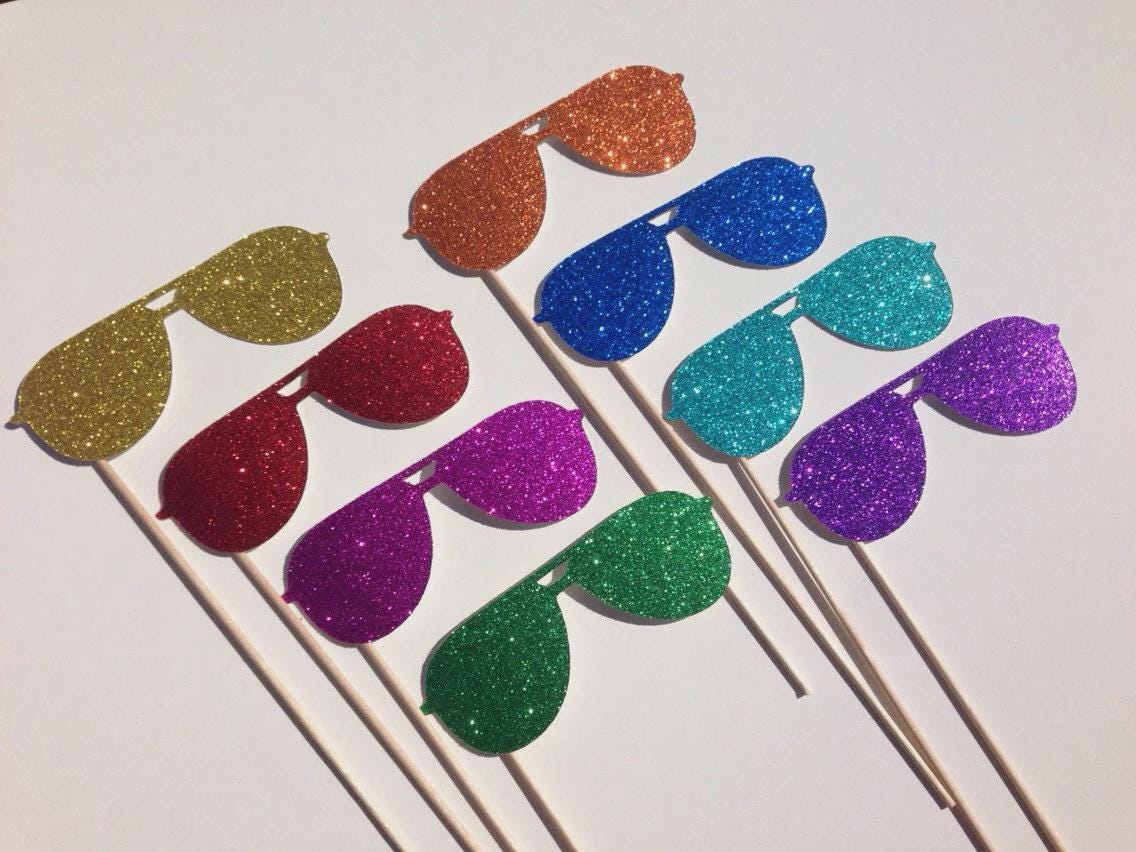 Photo Booth Props  - Sunglasses on a Stick - Set of 8 - Rainbow Glitter Sunglasses - Summer Fun
