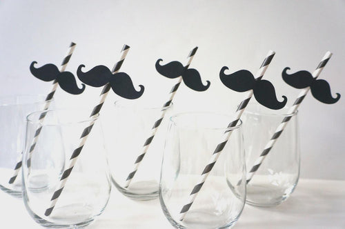 Black Striped Mustache Straws - Party Photo Booth Props, Set of 10