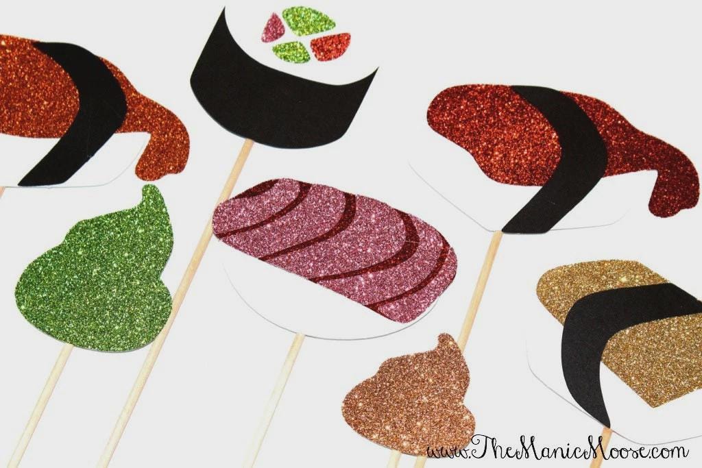 Glitter Sushi Photo Booth Props, Fun Foods Collection, Set of 7