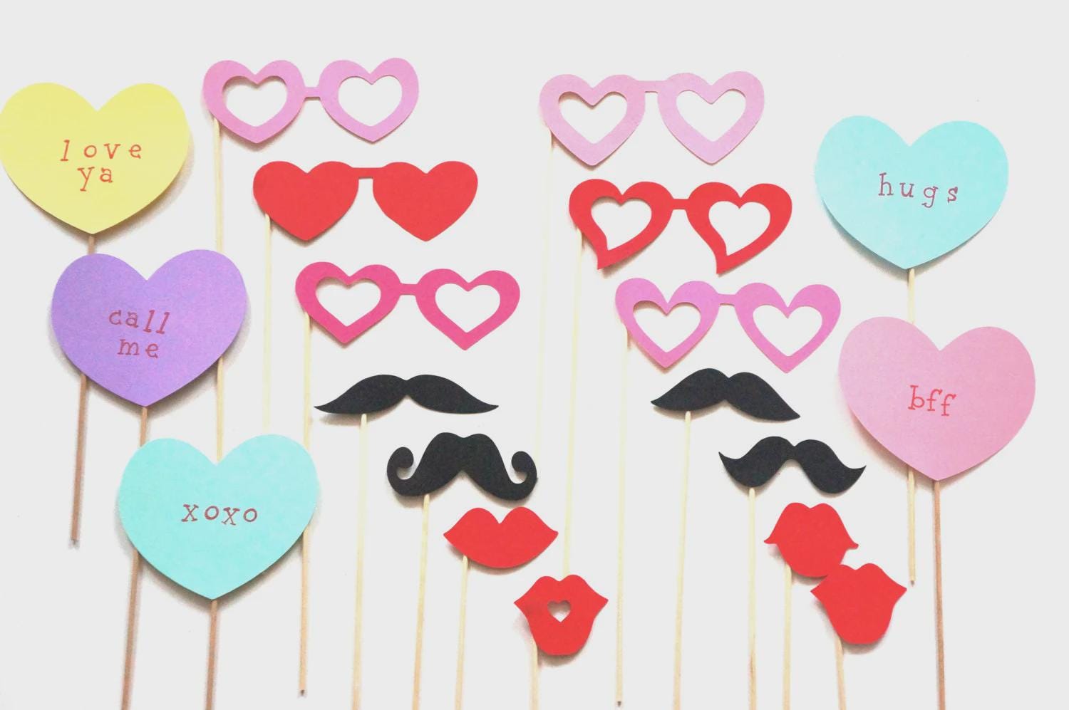 Valentine's Day Photo Booth Props – Conversation Hearts, Lips, Mustaches