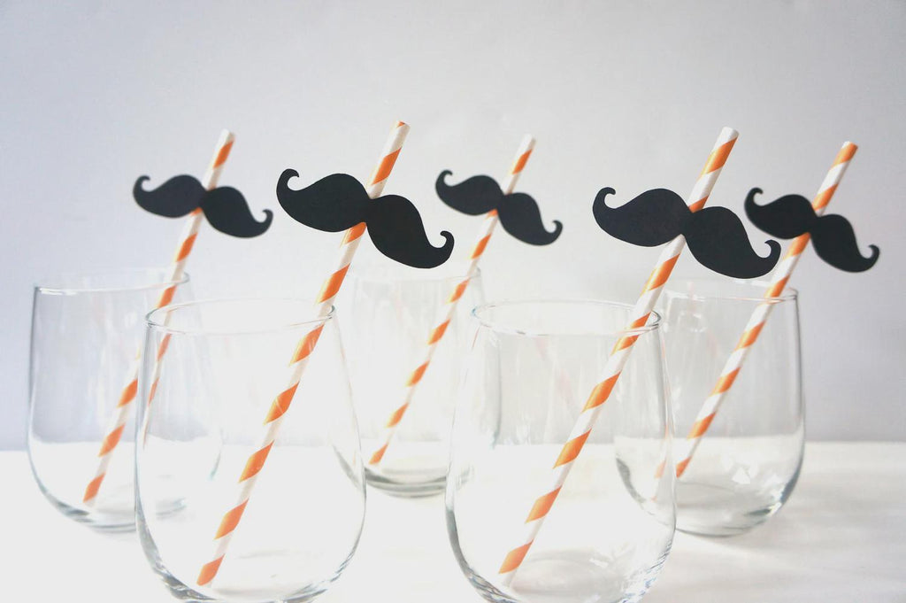 Orange Striped Mustache Straws - Photo Booth Party Props, Set of 10