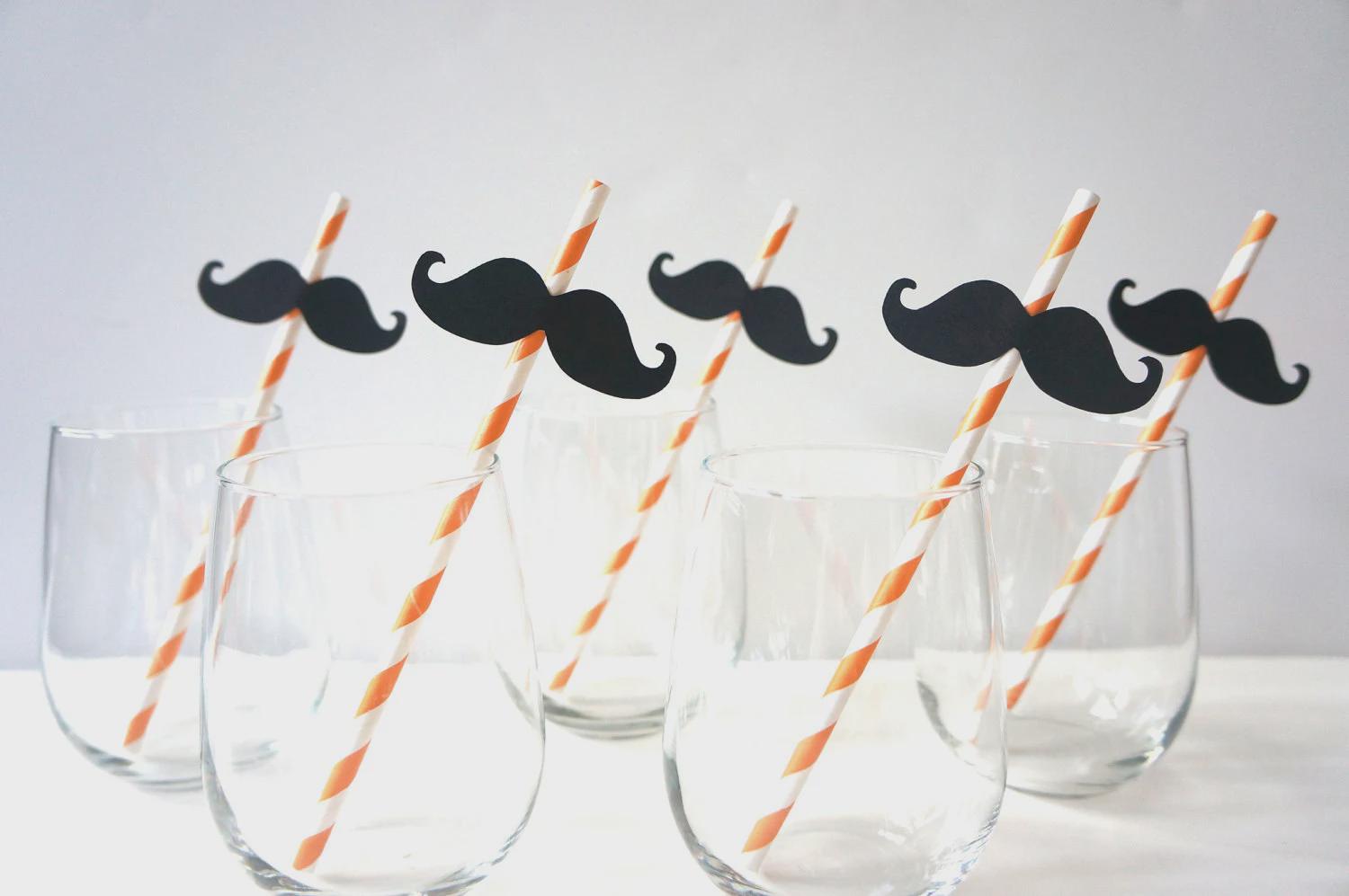Orange Striped Mustache Straws - Photo Booth Party Props, Set of 10