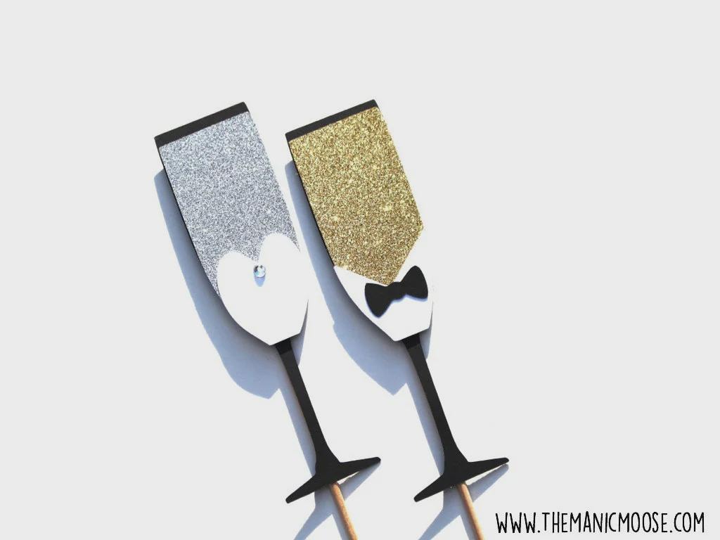 Glitter Wedding Photo Booth Props: Mr & Mrs, Team Bride, Diamond Ring - 10 Piece Set
