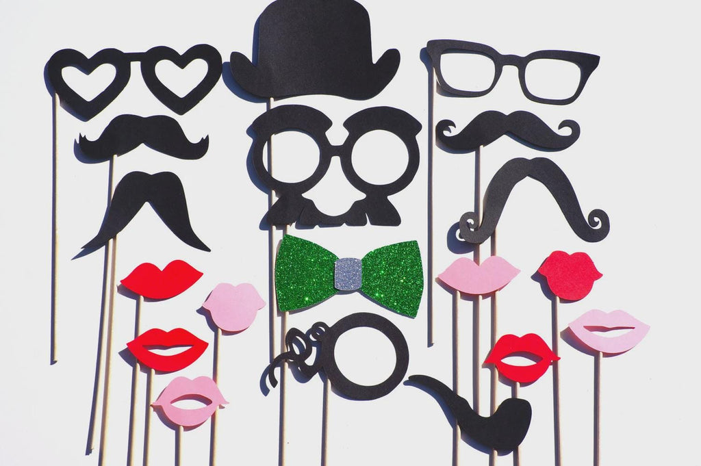 Wedding Photo Booth Props - 19pc Classic Party Set with Glitter Bow Tie
