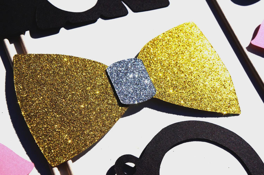 Wedding Photo Booth Props - Gold Glitter Bow Tie, Mustaches, Lips - 19 Piece Set