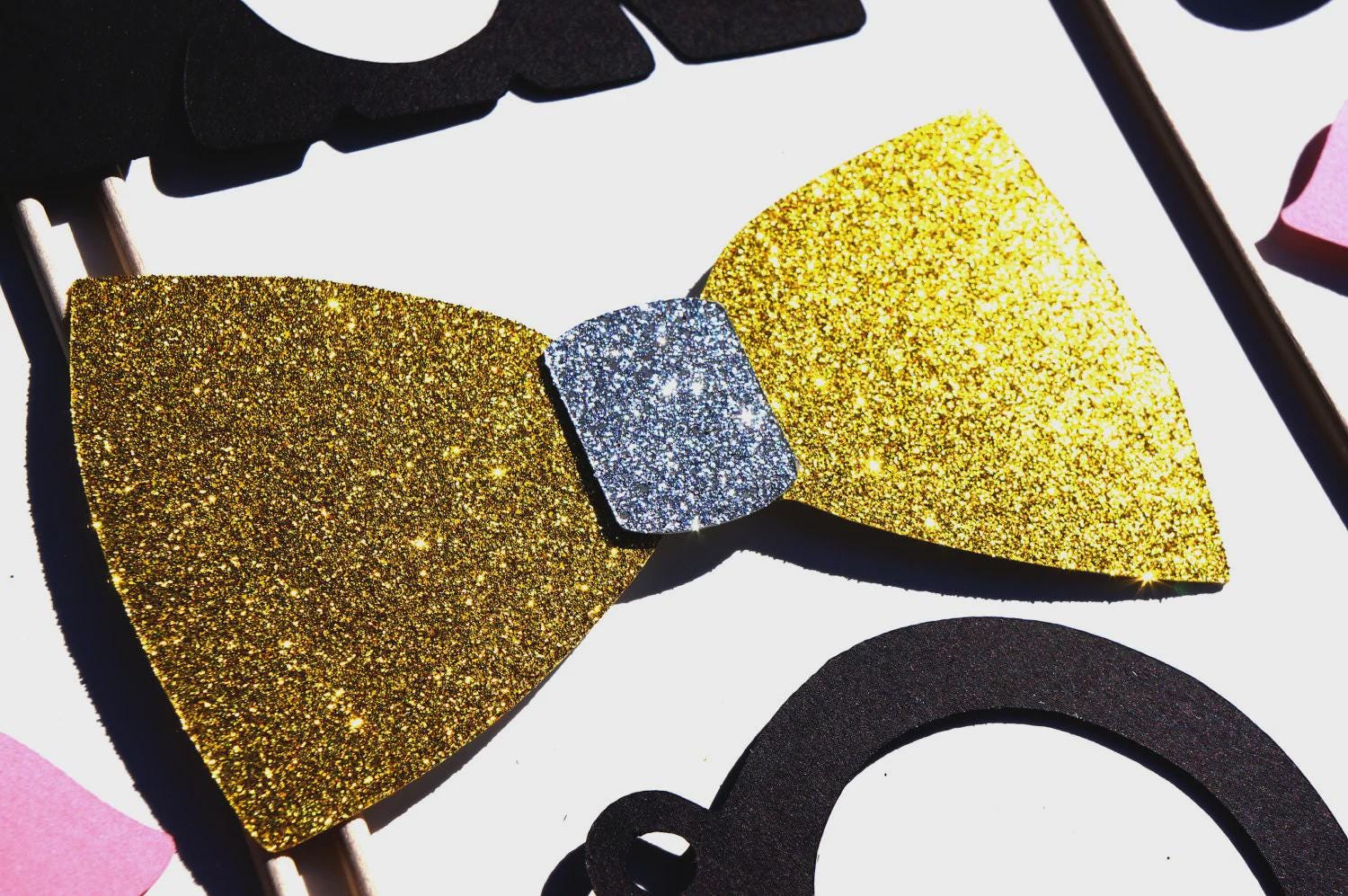Wedding Photo Booth Props - Gold Glitter Bow Tie, Mustaches, Lips - 19 Piece Set
