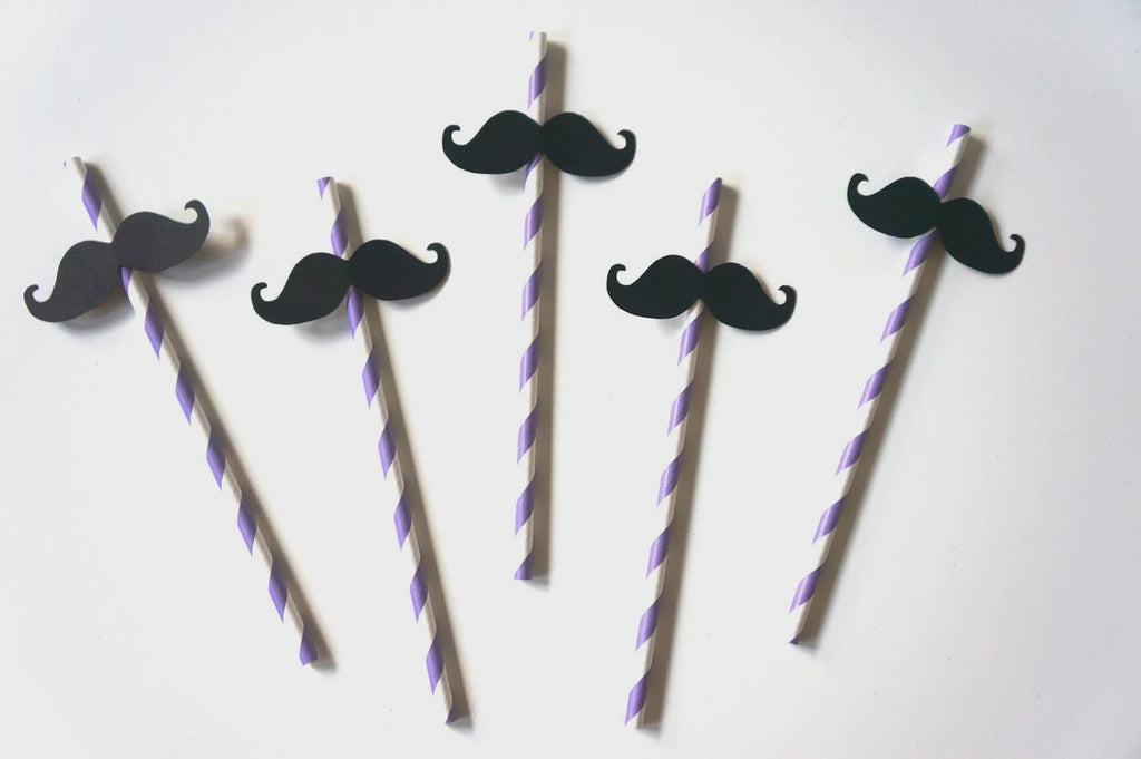 Purple Striped Mustache Straws - Party Photo Booth Props (Set of 10)
