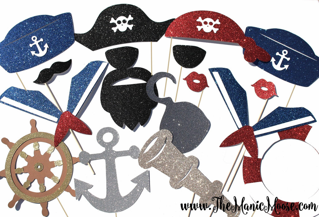 Pirate & Sailor Photo Booth Props – Glitter Party Decorations, 17 Piece Set