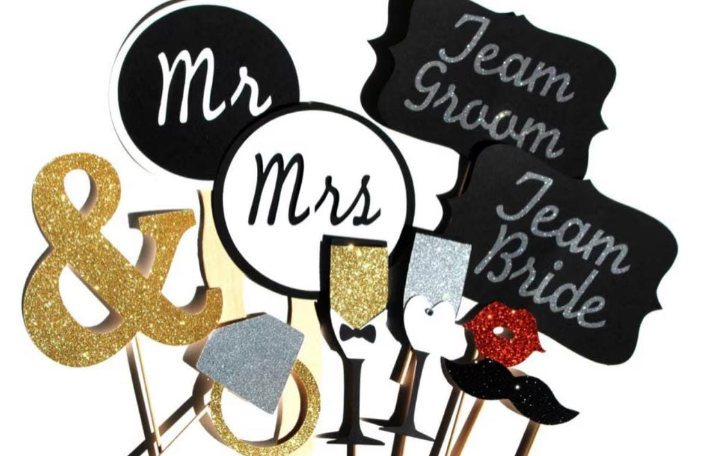 Glitter Wedding Photo Booth Props: Mr & Mrs, Team Bride, Diamond Ring - 10 Piece Set