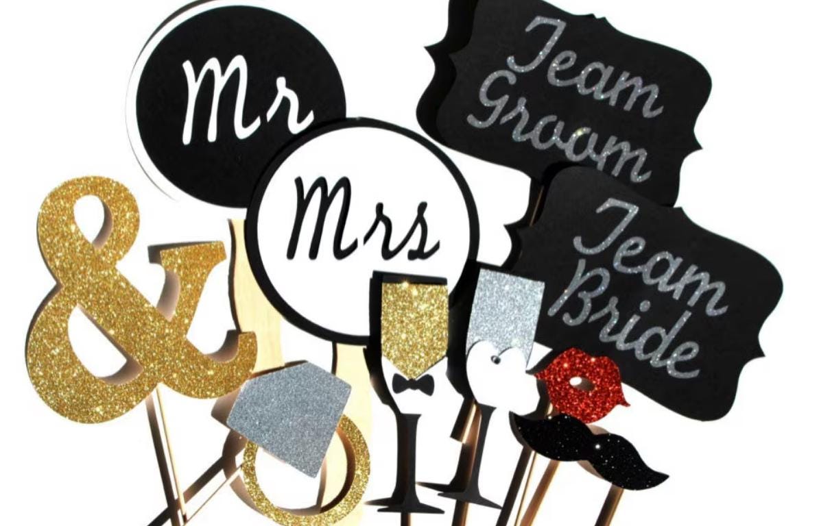 Glitter Wedding Photo Booth Props: Mr & Mrs, Team Bride, Diamond Ring - 10 Piece Set