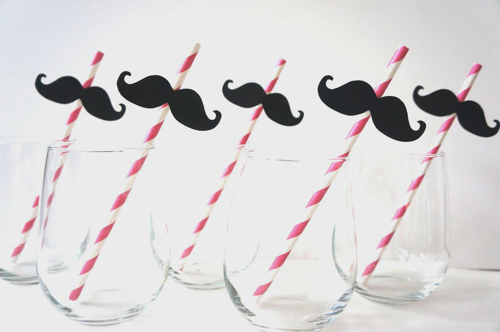 Hot Pink Striped Mustache Straws - Party Photo Booth Props, Set of 10