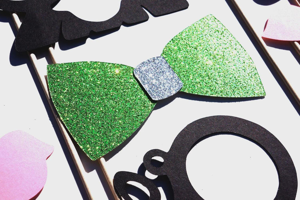 Photo Booth Props - 19 Piece Party Set with Glitter Bow Tie