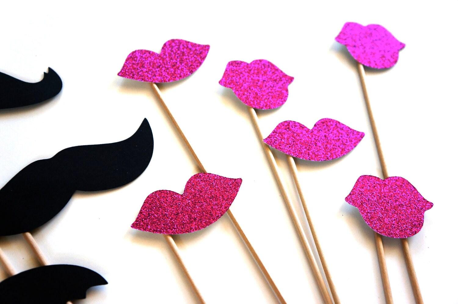 Photo Booth Props - Glitter Lips & Mustaches, 12 Piece Party Set