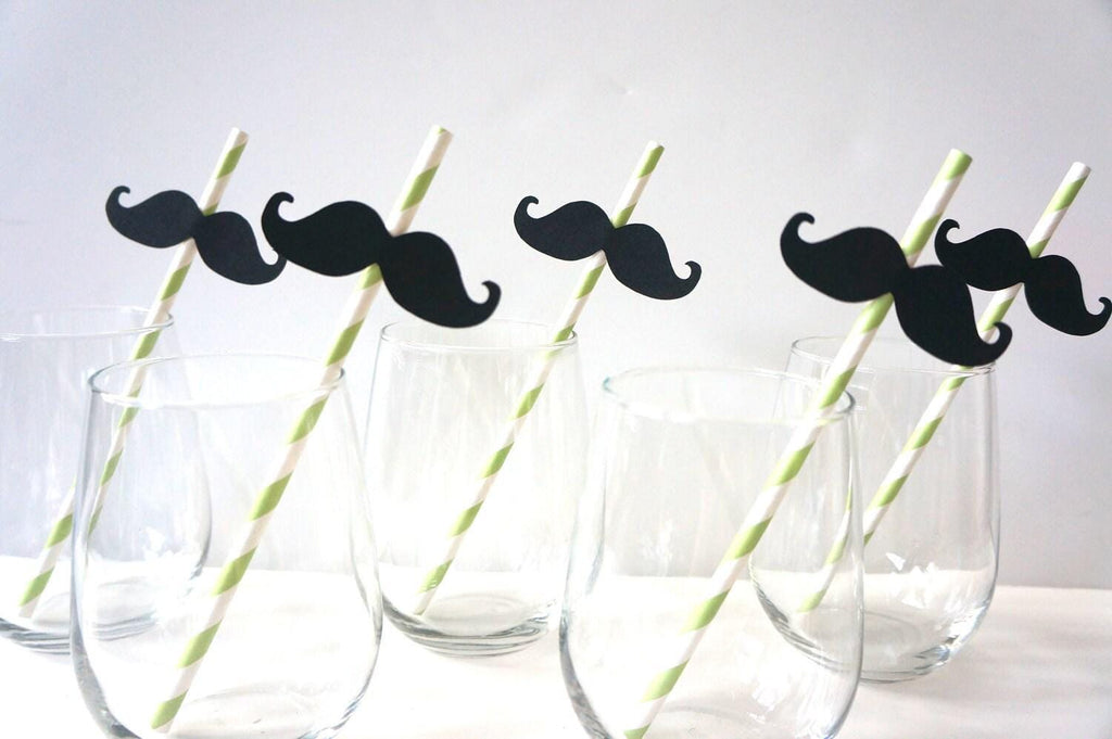 Lime Green Striped Mustache Straws - Party Photo Booth Props, Set of 10