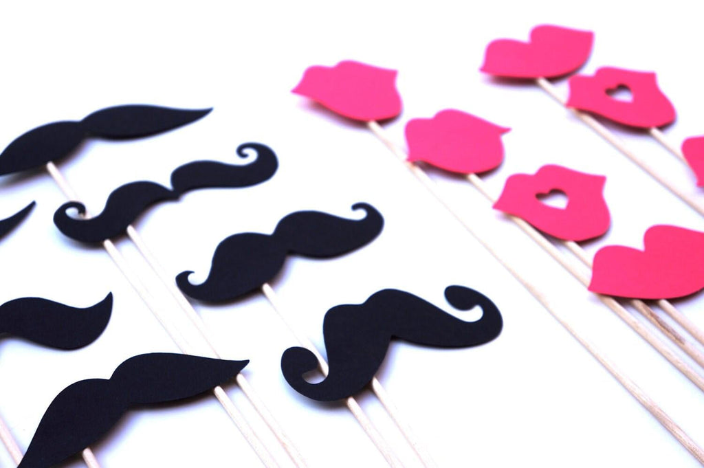 Mustache and Hot Pink Lips Photo Booth Props - Set of 16
