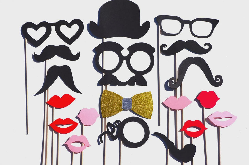 Wedding Photo Booth Props - Gold Glitter Bow Tie, Mustaches, Lips - 19 Piece Set