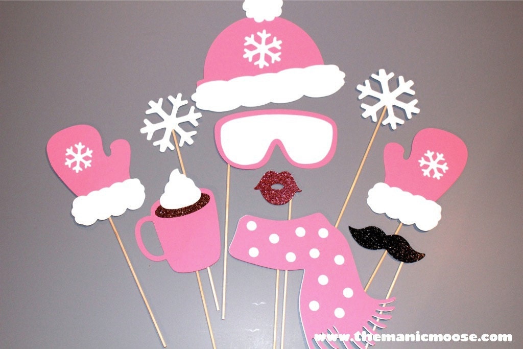Winter Photo Booth Props - Glitter Ski Bunny, Hot Cocoa - 10 Piece Set
