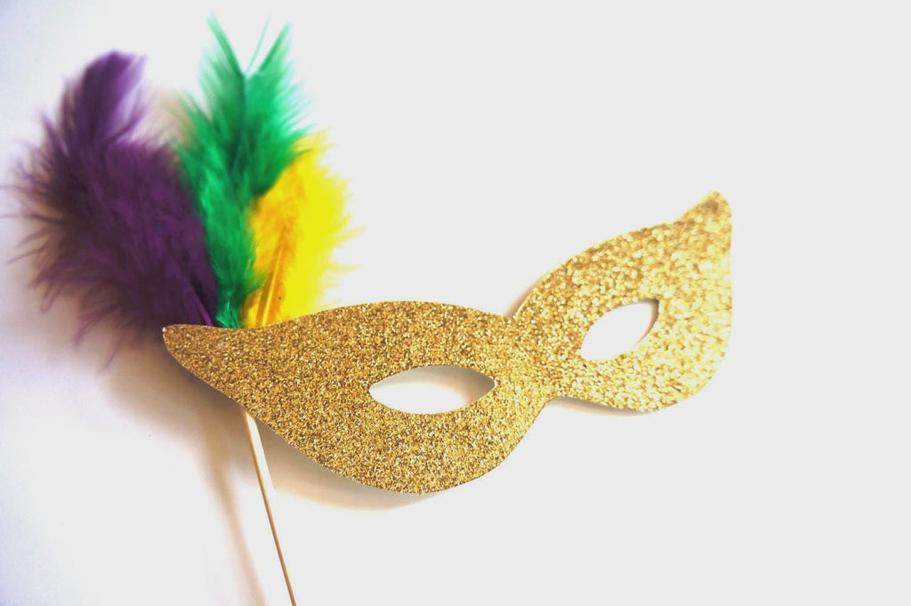 Glitter Mardi Gras Mask Photo Booth Props - Feather Masquerade Masks, Set of 3