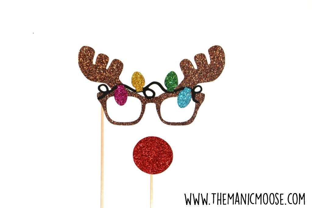 Glitter Rudolph Photo Booth Props – Reindeer Glasses and Red Nose, 2-Piece Set