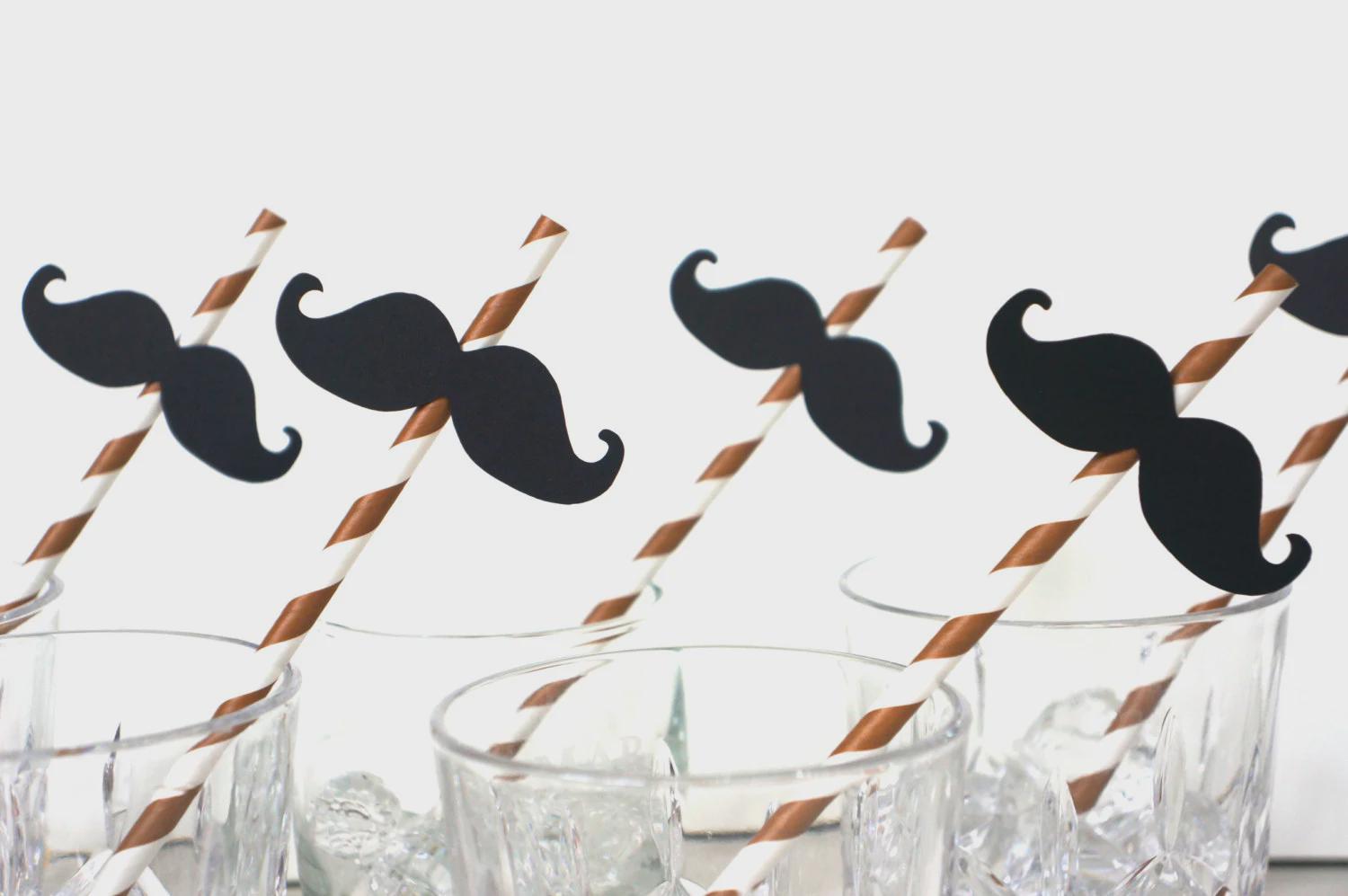 Brown Striped Mustache Straws - Party Photo Booth Props, Set of 10