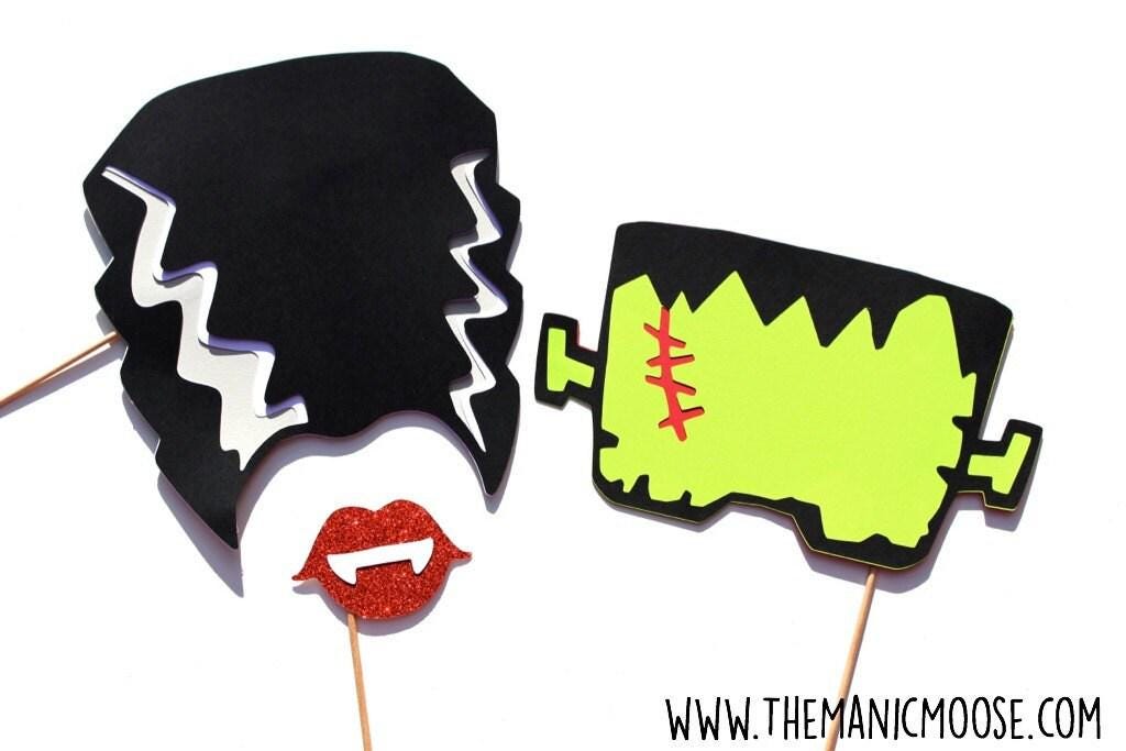 Halloween Photo Booth Props – Frankenstein & Bride Masks, Glitter Lips